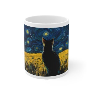 Painting of Van Gogh&#39;s Cat Looking at a Starry Night Ceramic Mug 11oz | Impressionist & Abstract Art | Gift | Art Lovers