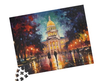 Sacramento Walk to the Capitol on a Rainy Night Puzzle (500-piece) | Impressionist Painting | California Capitol Building | California Art