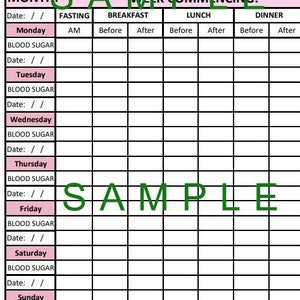 Può includere: Un registro di glicemia stampabile con un'intestazione rosa e linee di griglia nere. Il registro include colonne per la data, il digiuno, la colazione, il pranzo, la cena e l'ora di coricarsi. Il registro è progettato per aiutare le persone a tenere traccia dei loro livelli di glicemia durante il giorno.