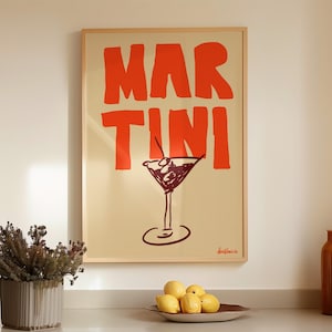 Martini Poster, Cocktail Print, Handgezeichnete Küchenkunst, Ästhetische Bar Kunst, Wodka Martini Wanddekoration, Barwagen Print, Hochzeitsgetränkekarte