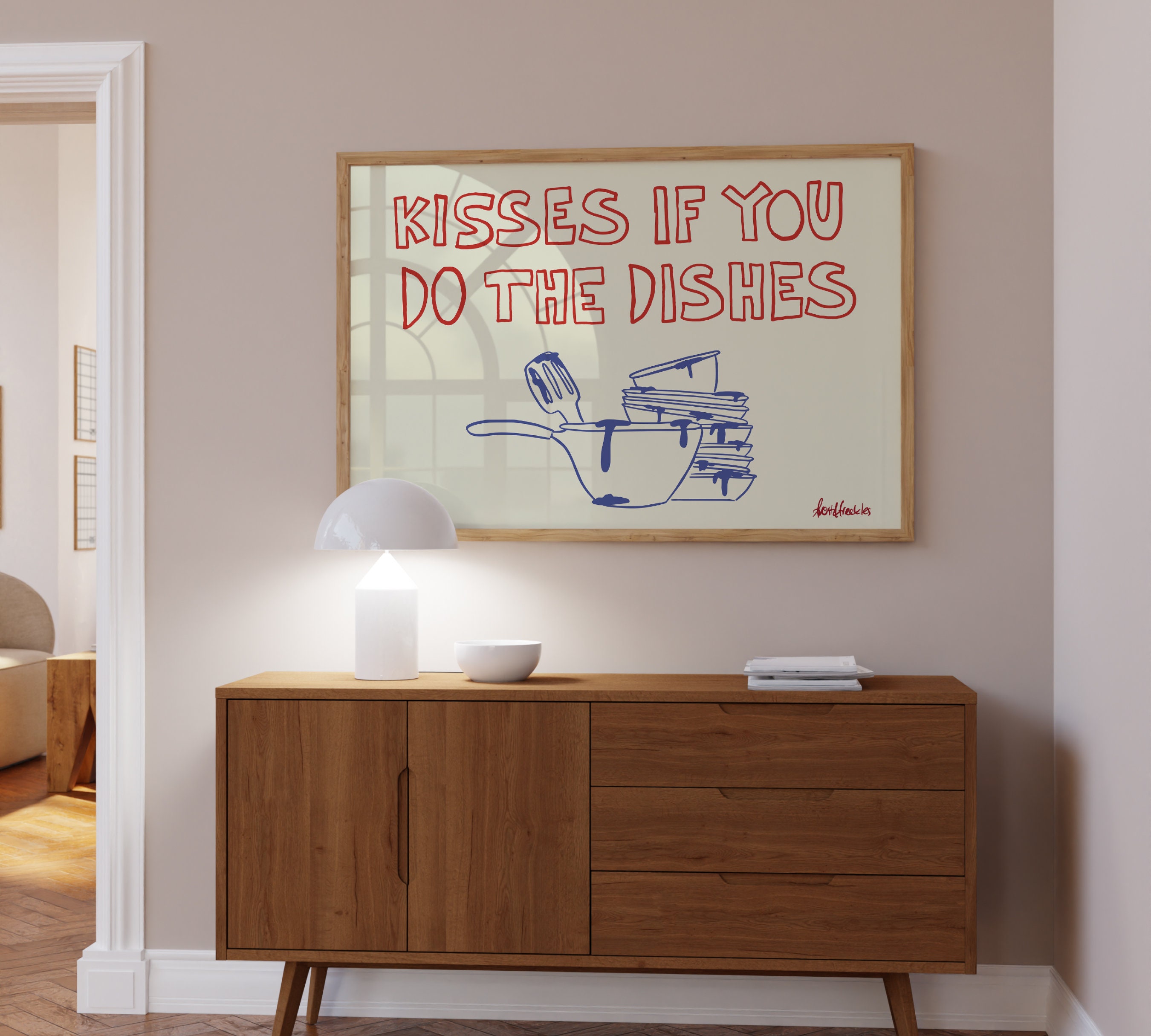 Kisses If You Do the Dishes Print: Hand-drawn Kitchen Art - Etsy
