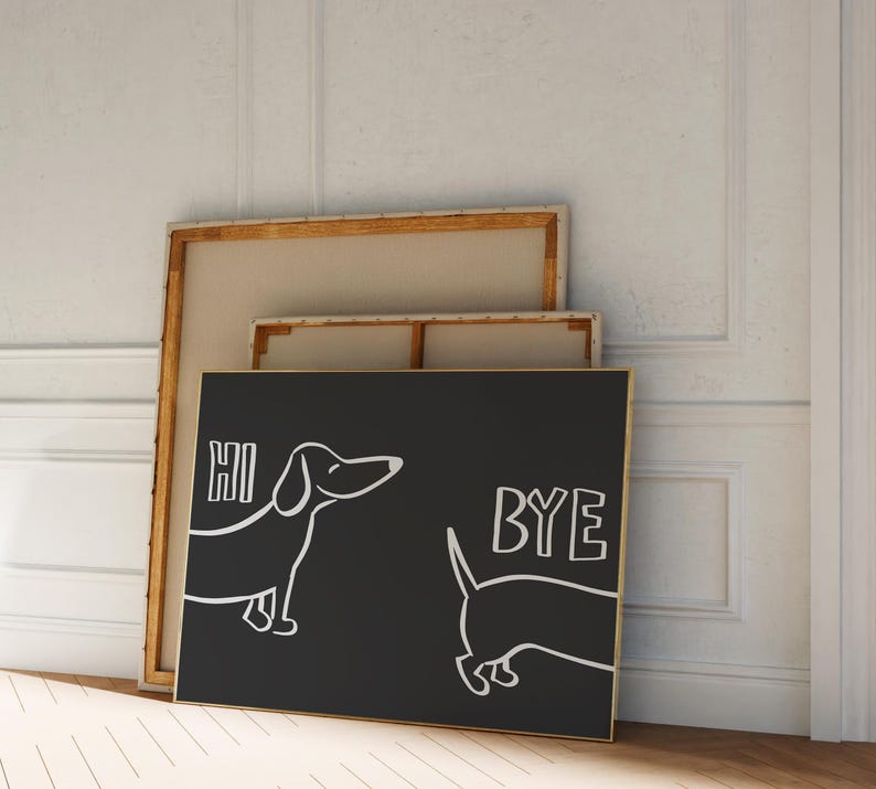 May include: Black and white illustration of two dachshunds on a black background. The dachshund on the left says "HI" and the dachshund on the right says "BYE".