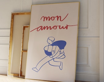 Croissant Mon Amour Poster, French Poster, Handdrawn Illustration, Kitchen Poster, French Baguette, Bakery Wall Art, French Drawing Print