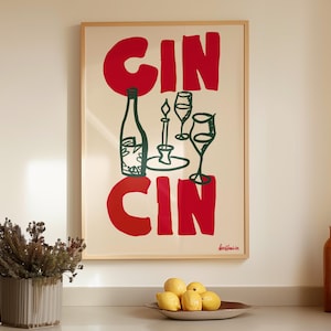 Cin Cin Poster, Hand Drawn Kitchen Poster, Aesthetic Kitchen/Bar Art, Trendy Wall Decor, Bar Cart Print, Funny Kitchen Poster, Party Decor