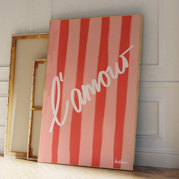 L'Amour Poster, Französisches Poster, Streifen Illustration, Love Poster, Les Vacances Vibes, Pastellfarben Kunst, Ästhetisches Sommer Gefühl Druck