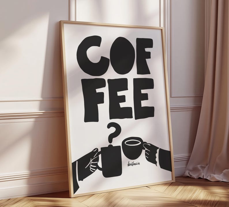 May include: Black and white illustration of the word "COFFEE" with two cartoon hands holding coffee mugs. The text "COFFEE?" is written in bold, black letters.
