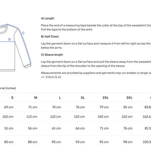 May include: A size guide chart for a long-sleeve sweatshirt featuring a line drawing of the garment with labels A, B, and C indicating length, half chest, and sleeve length. The table provides measurements in inches for sizes S through 5XL.