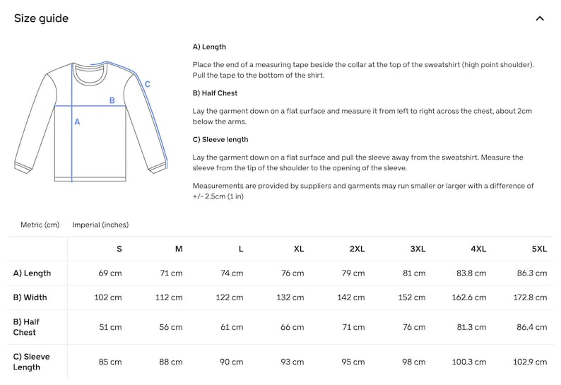 May include: A size guide chart for a long-sleeve sweatshirt featuring a line drawing of the garment with labels A, B, and C indicating length, half chest, and sleeve length. The table provides measurements in inches for sizes S through 5XL.