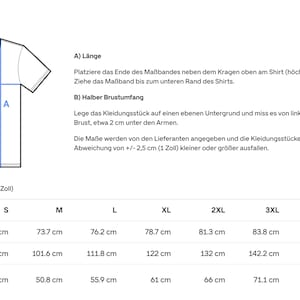 Puede incluir: Una tabla de tallas de camisetas blanca con medidas en cent&iacute;metros y pulgadas. La tabla incluye medidas de largo, ancho y contorno de pecho para las tallas S a 5XL. Tambi&eacute;n se incluyen instrucciones sobre c&oacute;mo medir la camiseta.