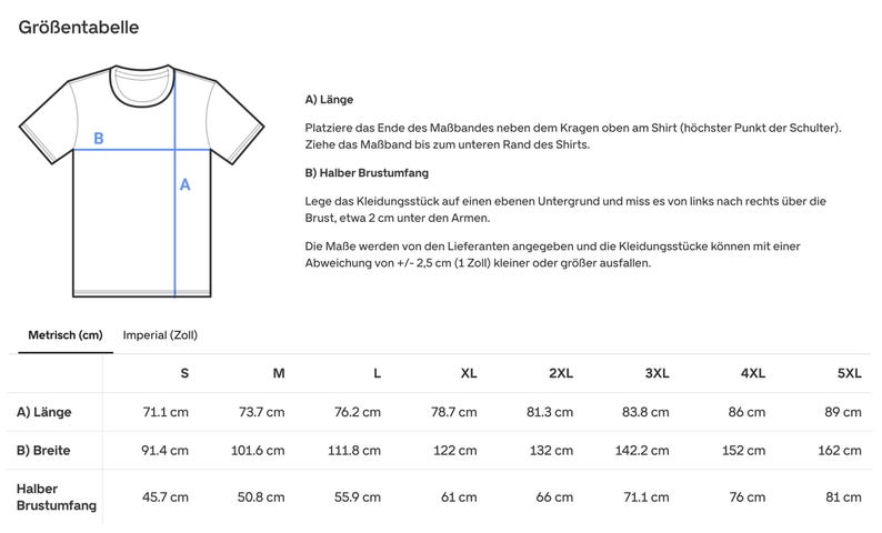 Puede incluir: Una tabla de tallas de camisetas blanca con medidas en cent&iacute;metros y pulgadas. La tabla incluye medidas de largo, ancho y contorno de pecho para las tallas S a 5XL. Tambi&eacute;n se incluyen instrucciones sobre c&oacute;mo medir la camiseta.