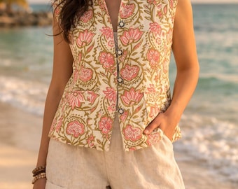 Floral Block Print Cotton Vest for Women, Sleeveless Boho Jacket, Summer Beachwear Top, Handmade Indian Waistcoat