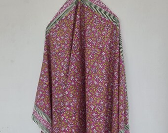 Floral Cotton Sarong: Pink & White Block Print Beach Wrap