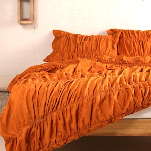 ボヘミアン風しわ加工布団カバーセット - ラストオレンジのルーシュ寝具、ソフトコットン掛け布団カバー