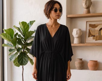 Vestido caftán negro de algodón para mujer – Elegante caftán maxi de talla única / Cómodo caftán de algodón con estampado de bloques para estar en casa o en la playa.