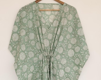 Hand Block Printed Cotton Kaftan Dress: Floral Summer Wear