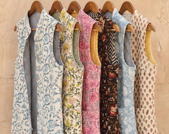 Handmade reversible quilted cotton jacket, block print sleeveless winter layering vest, artisan Indian floral patchwork jacket