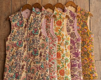 Handmade Reversible Quilted Vest, Floral Block Print Cotton Jacket