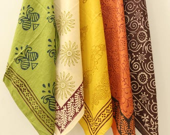 Organic Cotton Bandana  Set: Hand Block Print Paisley Scarf, Bulk of 5