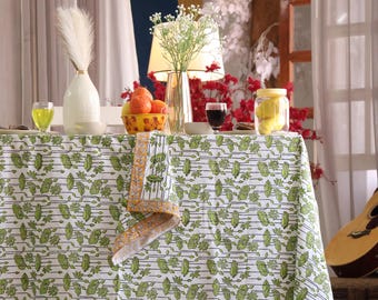 Handblock Printed Tablecloth: Green Floral Cotton Dining Table Cover