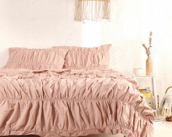 Soft Pink Wrinkle Duvet Cover – Ruched Bedding Set with Pillowcases, Cozy Pastel Home Decor