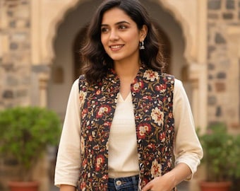 Chaqueta sin mangas de algodón estampada para mujer, chaleco étnico con estampado floral, chaqueta de capas de verano india