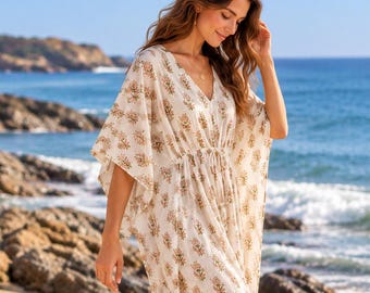 Floral Cotton Kaftan Dress, Boho Beach Cover Up, Summer Maxi Dress, Resort Wear, Loose V Neck Beach Dress