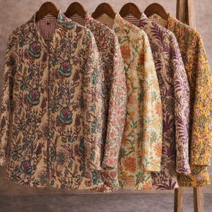Giacca in cotone trapuntato a mano con stampa a blocchi / Cappotto reversibile con stampa etnica floreale / Giacca invernale da donna