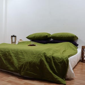 Moss Green Linen Duvet Cover Set: Boho Stonewashed Bedding