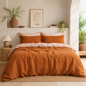 Cotton Duvet Cover Set in Forest Green & Rust Orange, Washed Linen Bedding Set, Two Color Comforter Cover, Minimalist Farmhouse Bedding