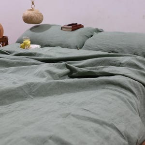Sage Green Linen Duvet Cover Set: Boho Bedding with Pillowcases