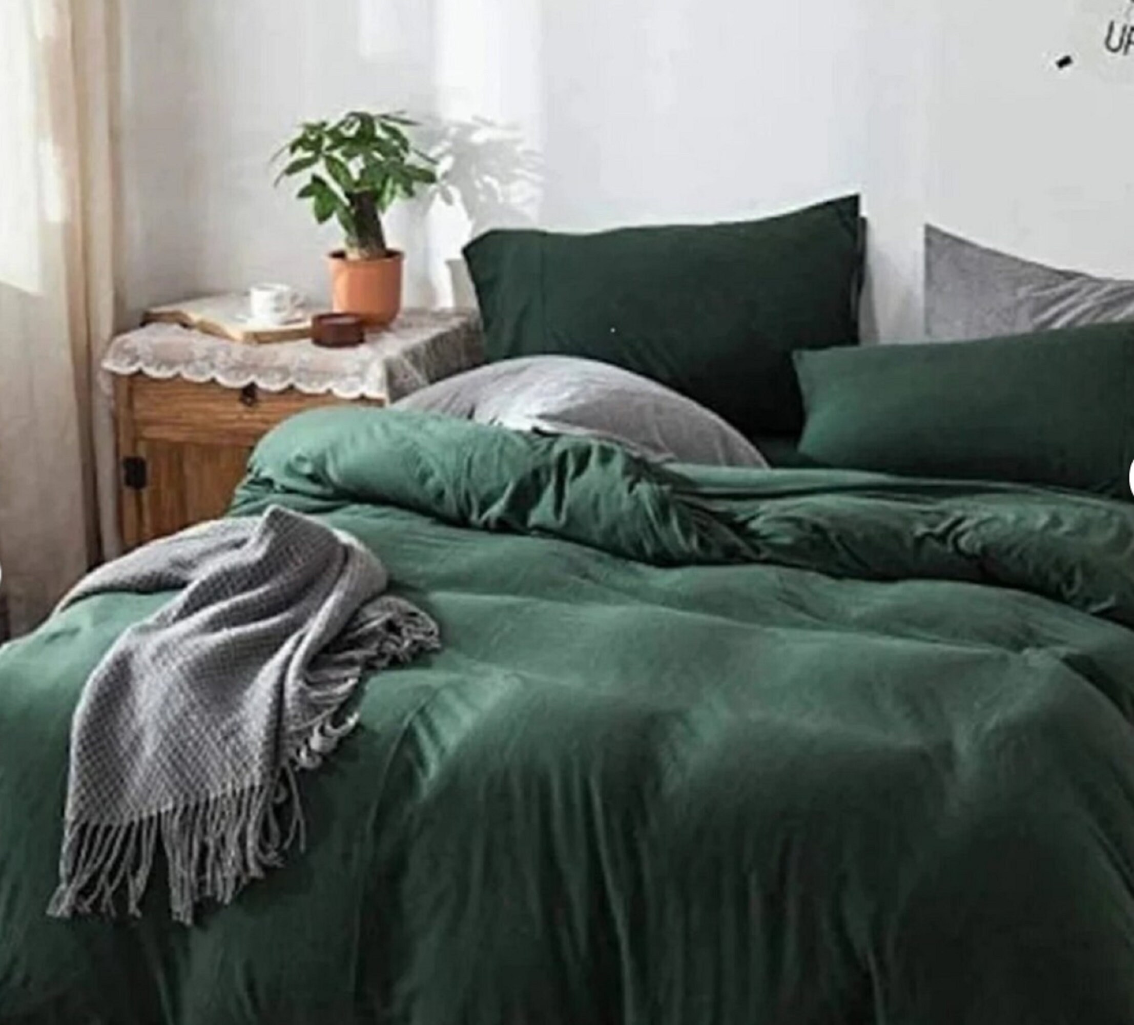Dark Green Linen Duvet Cover Stonewashed Duvet Cover Queen King Full