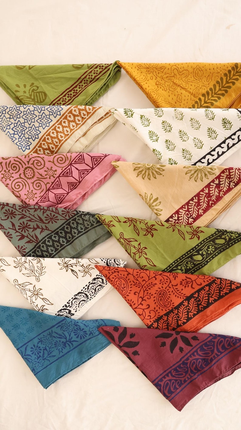 Hand Block Printed Cotton Bandana, Floral Geometric Design, Olive Green ...