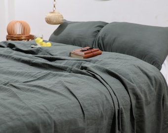 Charcoal Grey Linen Bedding Set: Stonewashed Duvet Cover & Pillowcases