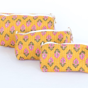 Organic Cotton Block Print Toiletry Bag Set: Quilted Cosmetic Bags