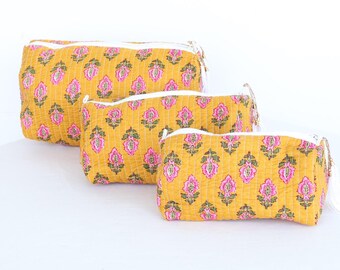Organic Cotton Block Print Toiletry Bag Set: Quilted Cosmetic Bags