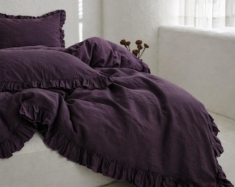 Dark Purple Linen Bedding Set with Ruffles | Soft Washed 100% Linen Duvet Cover | Minimalist Bedroom Decor | Handmade Bedding Set
