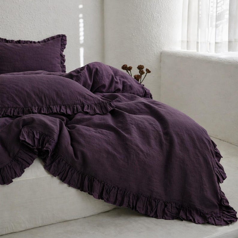 Dark Purple Linen Bedding Set With Ruffles | Soft Washed 100% Linen ...