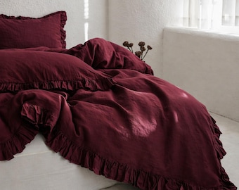 Burgundowe poszewki na poduszki z lnu z falbanką | Zestaw poszewek z miękkiego, pranego lnu | Rustykalny wystrój sypialni | Ręcznie robiona pościel
