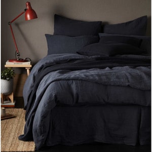 Full Black Linen Duvet Cover Stone Washed Linen Duvet Cover Linen Duvet Cover King Queen Full Size Black Linen Bedding Bed Cover Set