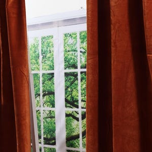 May include: Two rust-colored velvet curtains hang in front of a window with a printed image of a green tree and a white frame.