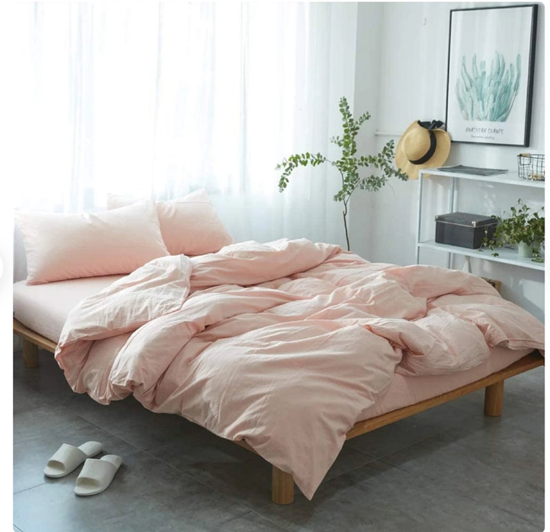Pink Color Cotton Duvet Cover Set King Duvet Cover Stonewashed Softened