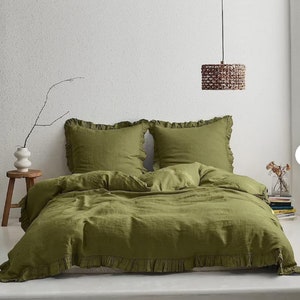 Moss Green Linen duvet cover ruffle.Washed linen king bedding stonewashed queen linen ruffled duvet cover linen Moss Green ruffle bedding