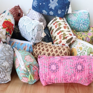 Boho Quilted Cotton Cosmetic Bag: Block Print Floral Toiletry Travel Organizer