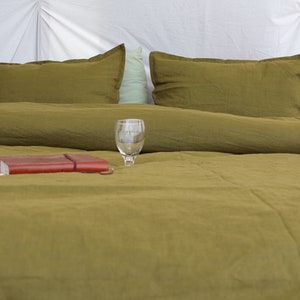 Moss Olive Green Linen Duvet Cover Set: Boho Bedding with 2 Pillow Covers