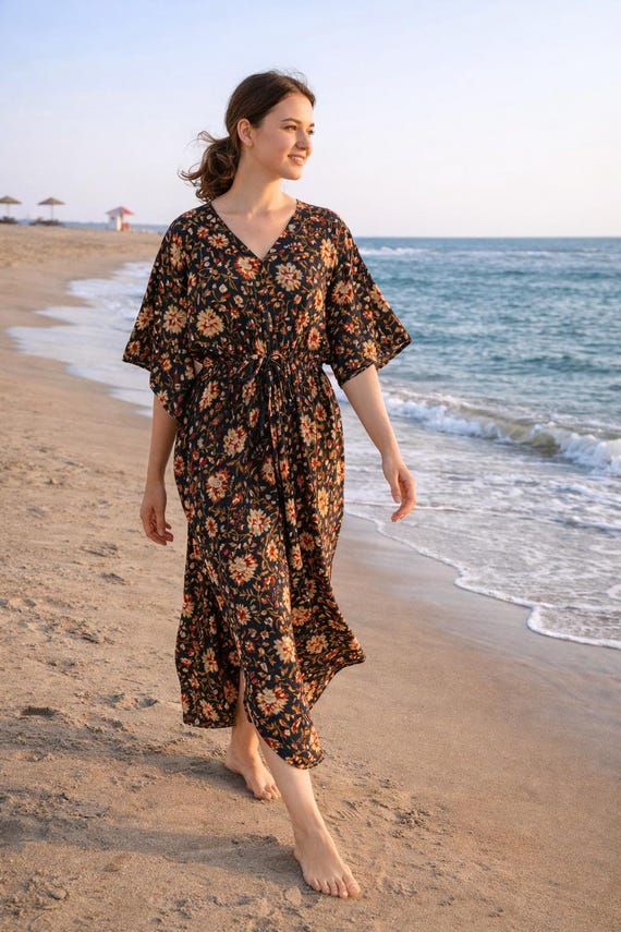 beach caftan dress Floral Kaftan Dress for Women, Boho Beach Cover Up, Cotton Maxi Caftan, Loose Fit Summer Dress, Resort Wear, Vacation Outfit