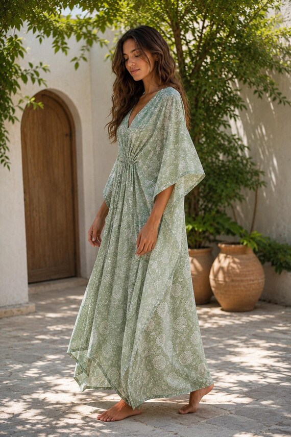 Sage Green Floral Kaftan Dress, Hand Block Print Cotton Kaftan, Boho Beach Cover Up, Women's Resort Wear, , Summer Vacation Dress