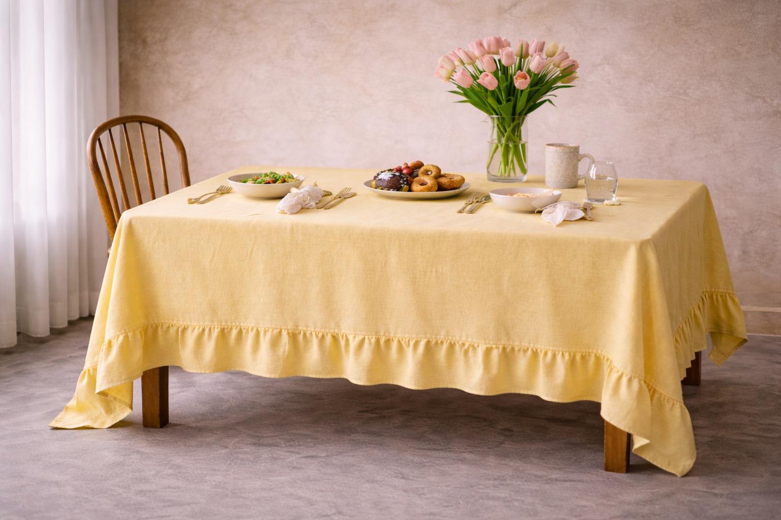 Yellow Table Linens Yellow Pastel Ruffle Linen Tablecloth, Rustic Farmhouse Table Cover ...