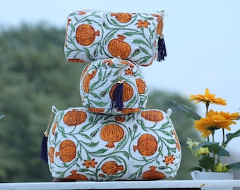 Set of 3 Block Printed Cosmetic Bags: Quilted Cotton Travel Pouches