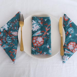 Block Printed Cotton Napkin Set: Floral Dinner Napkins