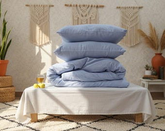 Sky Blue Linen Duvet Cover Set: Stonewashed Bedding with Button Closure